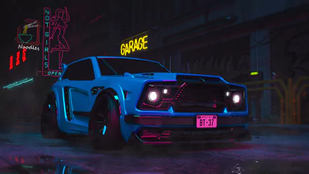 A neon-lit Cyberpunk 2077-inspired scene at night featuring a customized Rocket League car parked near a glowing garage sign in 4K Ultra HD detail.