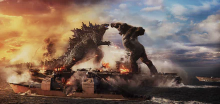 A high-definition wallpaper featuring an epic battle between Godzilla and King Kong on an aircraft carrier, inspired by the movie Godzilla vs. Kong from the Monsterverse series.