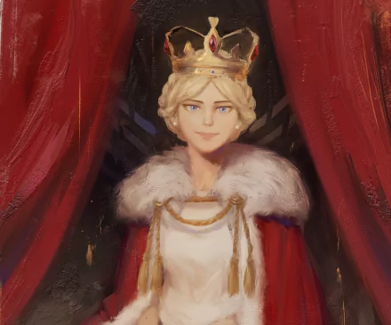 HD anime desktop wallpaper featuring Historia Reiss from Attack on Titan, depicted wearing a regal crown and fur-trimmed cloak against a rich red background.