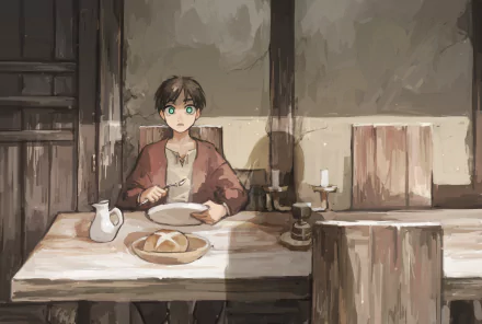 HD desktop wallpaper featuring Eren Yeager from the anime Attack on Titan, sitting at a rustic wooden table with a plate and a piece of bread in front of him.