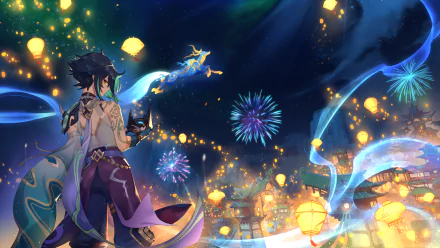 HD desktop wallpaper from Genshin Impact featuring Xiao in Liyue during the Lantern Rite festival with lanterns and fireworks in the background.