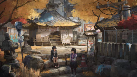 HD PC desktop wallpaper featuring Aya Shameimaru and Hatate Himekaidou from the Touhou anime series in a detailed autumn village scene.