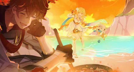 Tartaglia Childe, Lumine, and Paimon from Genshin Impact enjoy a bright, warm beach scene in this 4K Ultra HD PC desktop wallpaper.