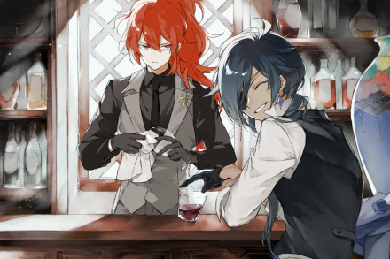 HD PC wallpaper featuring Genshin Impact characters Diluc with red hair and Kaeya with blue hair and an eye patch, set in a detailed bar scene.