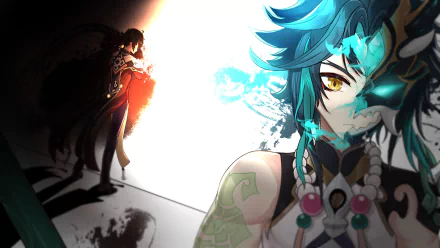 HD PC desktop wallpaper featuring Zhongli and Xiao from the video game Genshin Impact, showcasing a dynamic contrast of light and shadow.