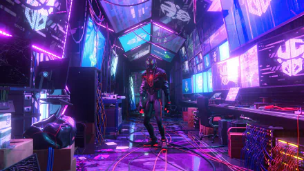 Miles Morales stands in a neon-lit tech room, showcased in a vivid 4K Ultra HD wallpaper from Marvel's Spider-Man: Miles Morales video game on PC.