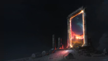 A mystical portal framed by ancient columns, glowing against a dark night sky, invites exploration into a vibrant fantasy world beyond. A captivating HD desktop wallpaper.