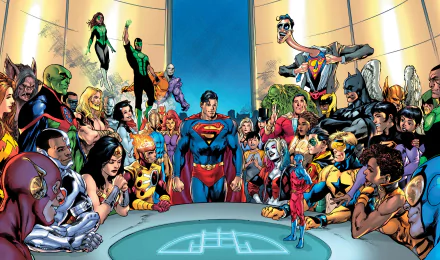 Vibrant 4K Ultra HD Justice League comic wallpaper featuring iconic superheroes gathered around a futuristic table, showcasing detailed characters and dynamic poses.