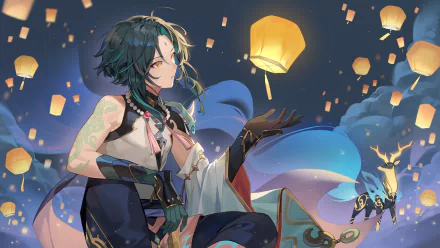 HD desktop wallpaper featuring Xiao from Genshin Impact during the Lantern Rite festival, capturing an enchanting night sky filled with glowing lanterns.