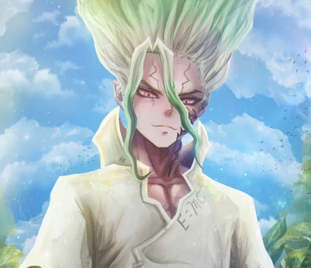 HD PC desktop wallpaper featuring Senku Ishigami from the anime Dr. Stone against a bright, cloudy sky background.