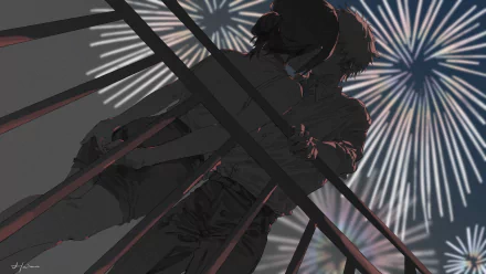 HD anime desktop wallpaper of a loving anime couple sharing an intimate moment with vibrant fireworks illuminating the night sky behind them.