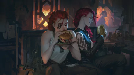 A fantasy-themed HD desktop wallpaper showing two red-haired tattooed women enjoying food in a warm, dimly lit setting.