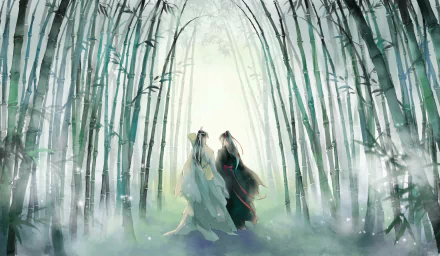 HD anime desktop wallpaper featuring Lan Wangji and Wei Wuxian from Mo Dao Zu Shi, standing together in a misty bamboo forest.