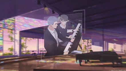 Anime-style 4K Ultra HD PC wallpaper featuring Li Huan and Yang Yu playing piano in a picture-in-picture scene from Here U Are.