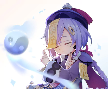 Qiqi (Genshin Impact) video game HD PC desktop wallpaper: peaceful Qiqi with talismans and a floating blue spirit, eyes closed against a soft pastel background.