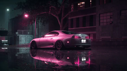 HD wallpaper and background featuring a Toyota Supra parked under moody, neon lighting on a wet street near an industrial building at night.