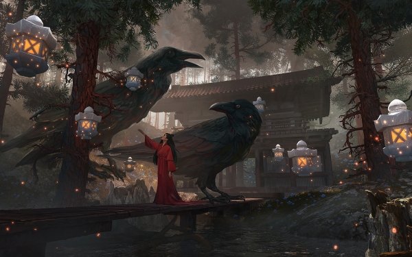 Fantasy Oriental Temple Bird Crow HD Wallpaper | Background Image