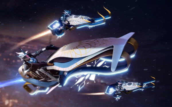 HD PC desktop wallpaper featuring sleek futuristic ships from the video game Destiny 2: Beyond Light in a dynamic space battle scene.