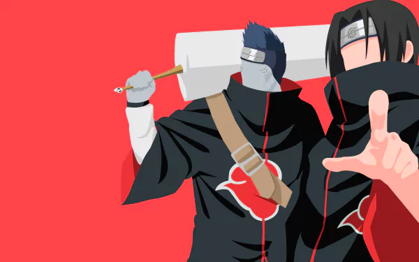 Minimalist 4K Ultra HD Naruto anime wallpaper featuring Akatsuki members Kisame Hoshigaki with a sword and Itachi Uchiha with black and blue hair on a red background.