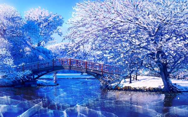 Anime Bridge Winter Tree River Snow Ice HD Wallpaper | Background Image