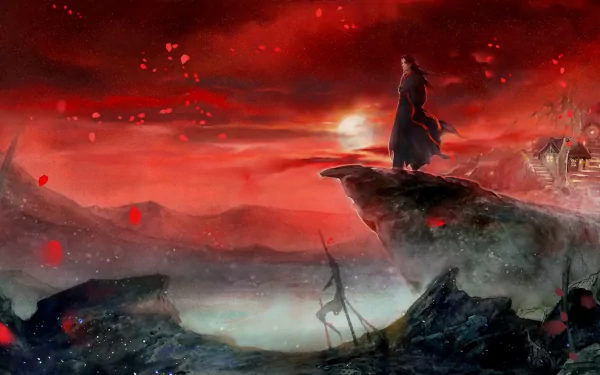 HD anime desktop wallpaper featuring Wei Wuxian from Mo Dao Zu Shi, standing on a cliff with glowing red petals floating in a dramatic, dark red landscape.