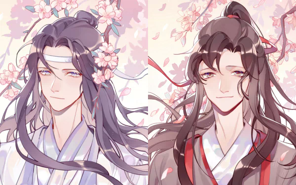 Anime-style 4K Ultra HD wallpaper featuring Wei Wuxian and Lan Wangji from Mo Dao Zu Shi amidst blooming cherry blossoms.