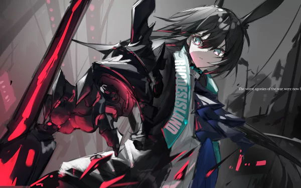 4K Ultra HD PC desktop wallpaper featuring Amiya from the video game Arknights, showcasing dynamic, dark-themed artwork with striking red and black accents.