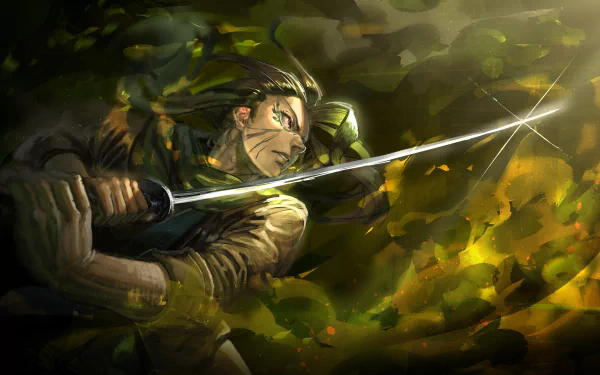 Anime warrior crouched amid swirling green-gold foliage, sword flashing; dramatic 4K Ultra HD PC desktop wallpaper/background with intense lighting and motion.