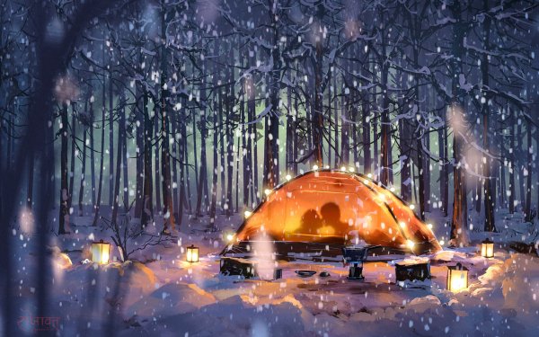 Anime Winter Forest Couple Lantern Snow HD Wallpaper | Background Image