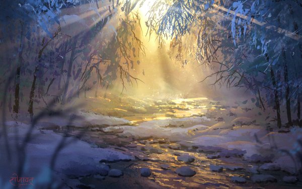 Artistic Sunrise River Winter Forest Snow HD Wallpaper | Background Image