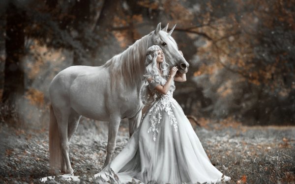 Women Model White Hair White Dress Long Hair Horse HD Wallpaper | Background Image