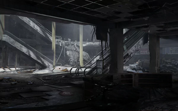 HD desktop wallpaper featuring the dark, atmospheric interior of an abandoned warehouse with visible stairs and scattered debris, captured in an artistic, man-made setting.