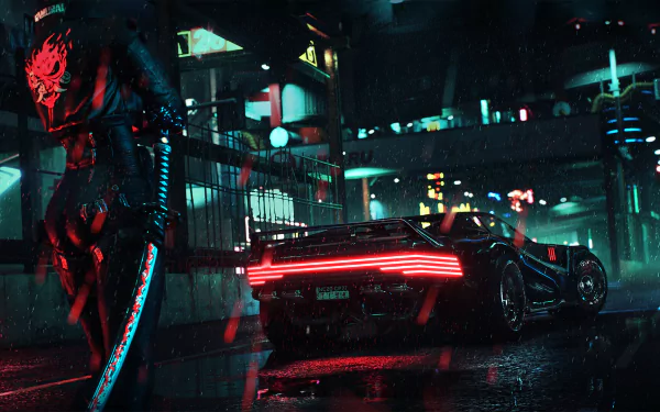 A cyberpunk warrior with a glowing sword stands in the rain on a futuristic night road, beside a sleek car, creating an atmospheric moment reminiscent of Cyberpunk 2077. HD desktop wallpaper background.