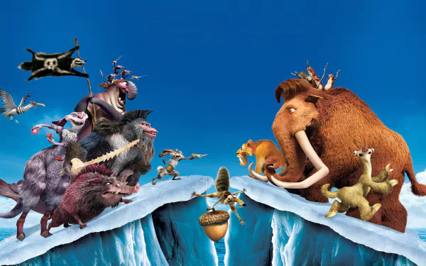 8K Ultra HD PC desktop wallpaper and background from the movie Ice Age: Continental Drift — Manny, Sid, Diego and pirate rivals face off across a cracking ice chasm.