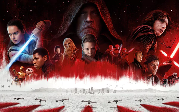 8K Ultra HD Star Wars: The Last Jedi desktop wallpaper featuring main characters with lightsabers, set against a dramatic red and white battle scene.