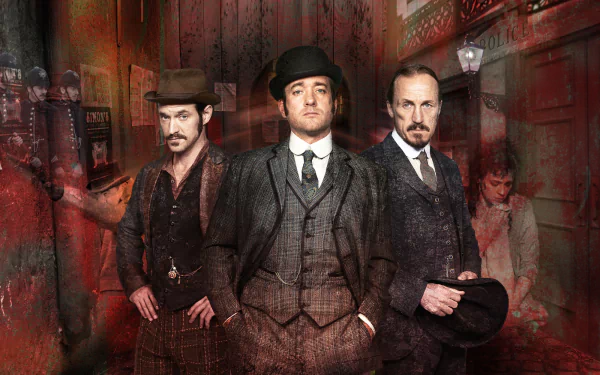 HD desktop wallpaper featuring three characters from Ripper Street against a vintage, textured backdrop.