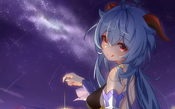 HD desktop wallpaper featuring Ganyu from the video game Genshin Impact, gazing at a starry night sky with her iconic blue hair and red eyes, creating a magical and ethereal background scene.