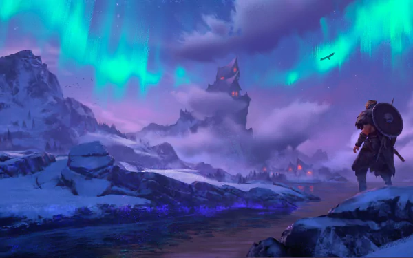 HD wallpaper from Assassin's Creed Valhalla showcasing a Viking standing in a snowy landscape under the aurora borealis.