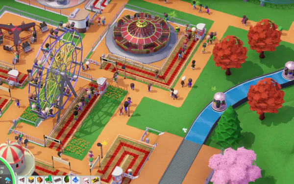 HD desktop wallpaper of Parkitect game showing a vibrant theme park with rides, paths, and miniature visitors.
