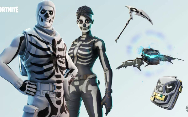 HD wallpaper featuring Fortnite's Skull Trooper characters and themed gear with a sleek background.
