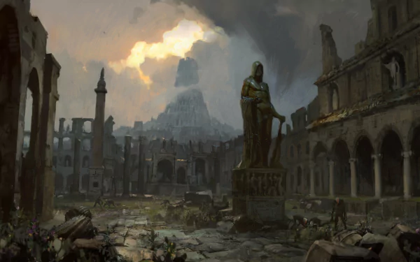 HD Path of Exile desktop wallpaper featuring a dramatic ruin landscape with a central statue under a cloudy sky with a ray of sunlight.