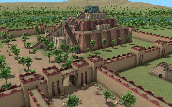 A detailed HD desktop wallpaper depicting a Sumerian cityscape, featuring a prominent ziggurat surrounded by palm trees and protective walls, reflecting a vibrant video game design.