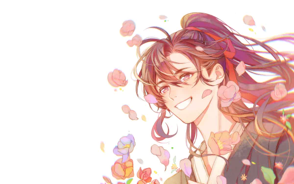 Anime-style HD desktop wallpaper featuring Wei Wuxian from Mo Dao Zu Shi, smiling warmly amid falling petals and vibrant flowers on a bright background.