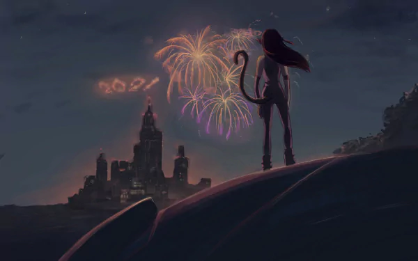 Anime-style cat girl watches colorful New Year 2021 fireworks over a silhouetted cityscape in this HD desktop wallpaper background.