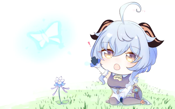 Chibi-style Ganyu from Genshin Impact in a bright outdoor setting, featured in a 4K Ultra HD PC desktop wallpaper and background.