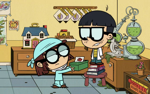 HD desktop wallpaper featuring two characters from The Loud House in a laboratory setting.