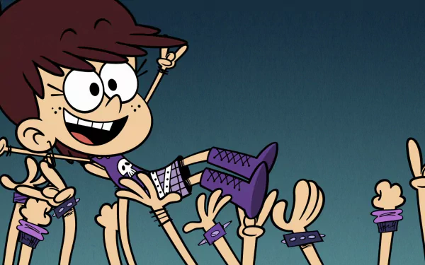 HD desktop wallpaper of Luna Loud from The Loud House, playing her guitar with raised hands in the background.