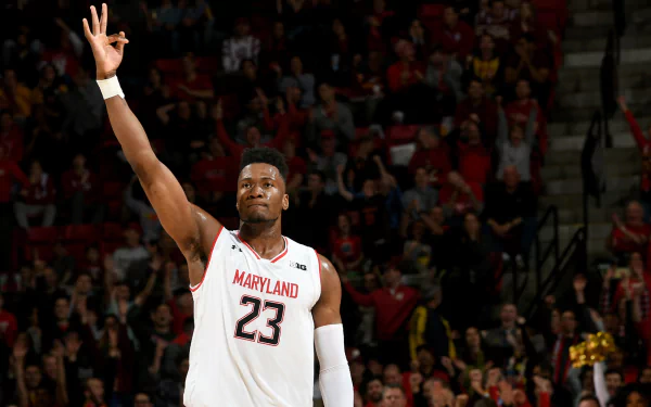 HD desktop wallpaper featuring a basketball player from Maryland, number 23, celebrating on the court.