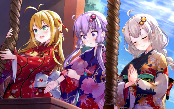 HD anime wallpaper featuring Vocaloid characters Yuzuki Yukari, Maki Tsurumaki, and Kizuna Akari in colorful kimonos with vibrant purple, white, blonde hair and green and purple eyes.