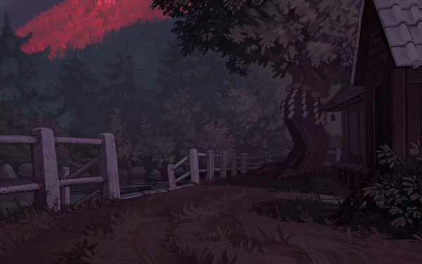 Anime-style Touhou scenery showcasing a dark, serene rural path with a wooden fence and traditional house under a crimson sky, rendered in 4K Ultra HD detail.